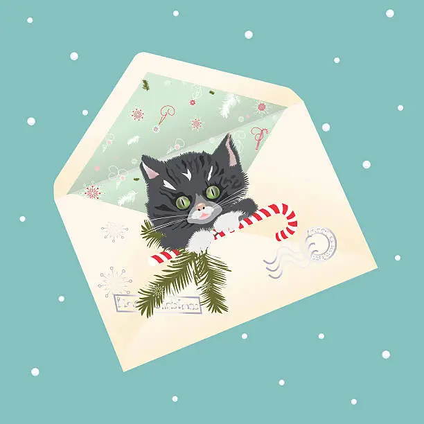 Vector illustration of Envelope with  black kitten