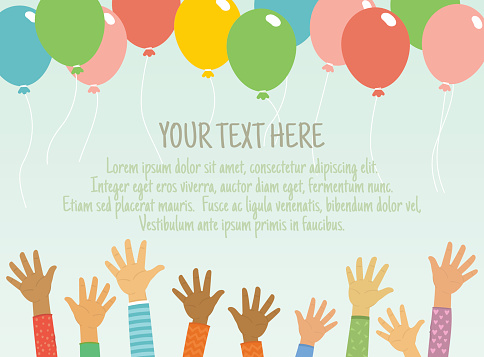 Vector background with colorful balloons, children's hands and place for your text on soft blue colour.