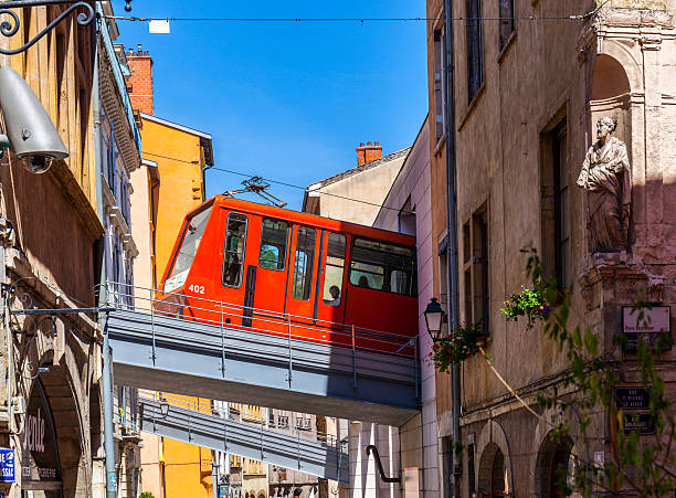 Lyon, France - September 2, 2016: the cable car connects the old town with the hill Fourviere with its basilica.