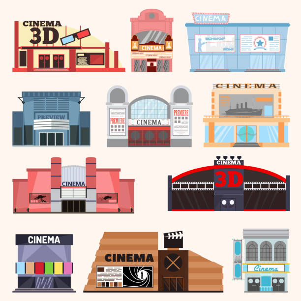 Cinema building vector set. Cinema building vector illustration. Cinema building vector facade movie entertainment city house. Architecture theater exterior cinema building urban film icon theatre town. scenery video stock illustrations