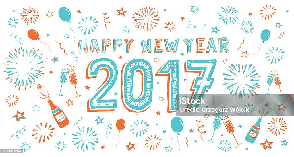 New Year's doodle card. Happy New Year 2017 doodle card with fireworks, stars, confetti and balloons. vector, eps 8. Sketch stock vector