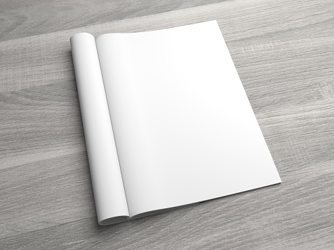 Open pages 3D illustration magazine mock-up. Blank white paper. Textured wooden background.