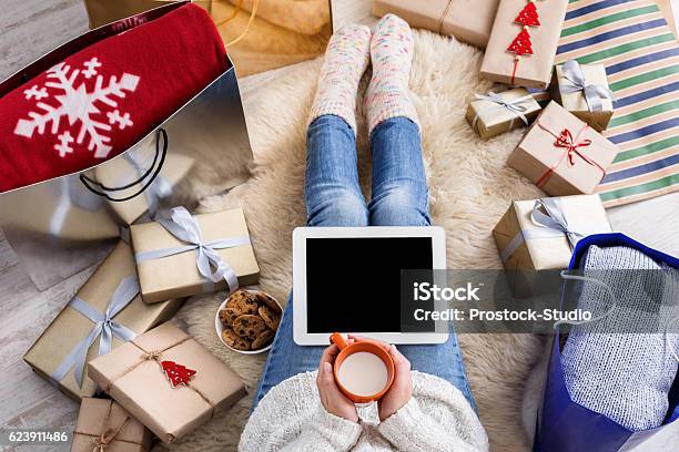 Woman Shopping Online With A Credit Card Top View Stock Photo - Download Image Now - Baby Girls, Christmas, Digital Tablet