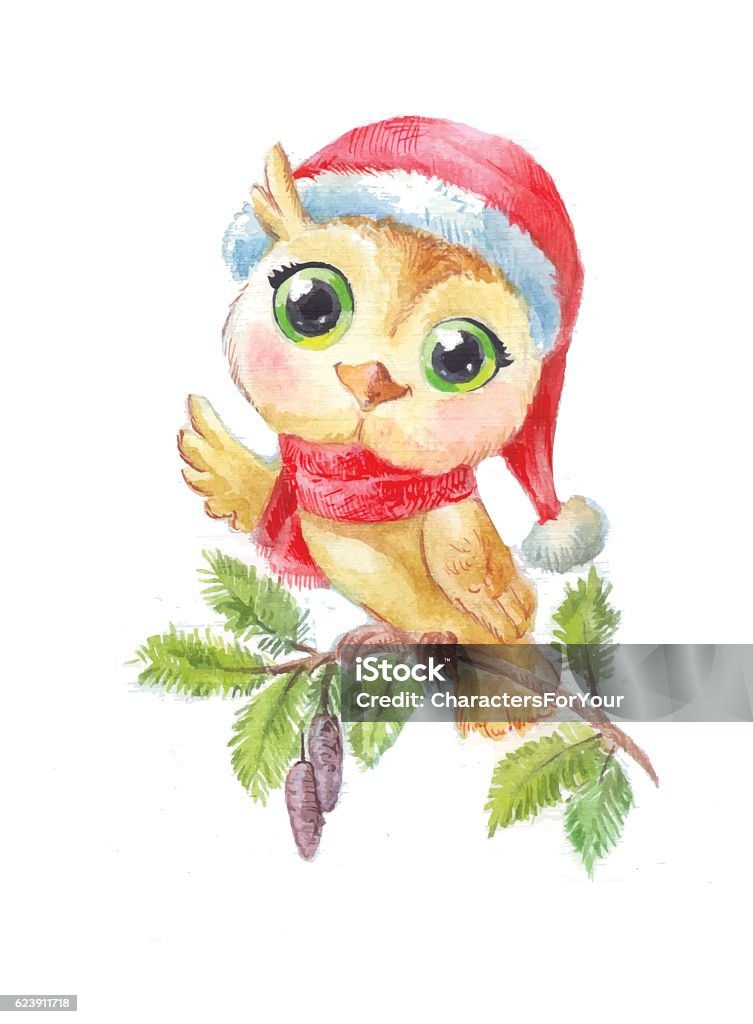 Cartoon Cute Owl Funny Watercolor Illustration Symbol Of New Y Stock