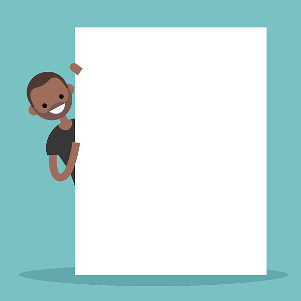 Black man peeping from behind a blank board mock up Copy space. Your text here. Editable flat vector illustration, clip art african american male model stock illustrations
