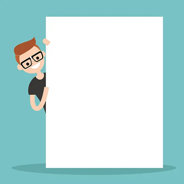 Vector illustration of Nerd peeping from behind a blank board mock up