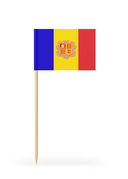 Small Andorra flag on a toothpick. The flag has nicely detailed paper texture. High quality 3d render. Isolated on white background.