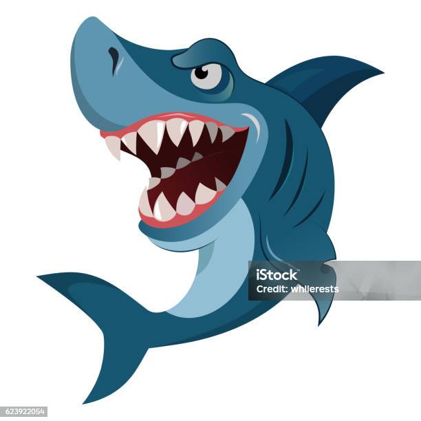 Hungry Angry Cartoon Great White Shark Wiith Big Teeth Isolated Stock Illustration - Download Image Now