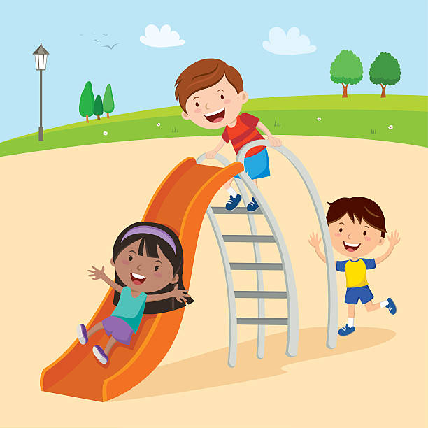 Kids playing on slide Vector illustration of children playing on slide recess cartoon stock illustrations