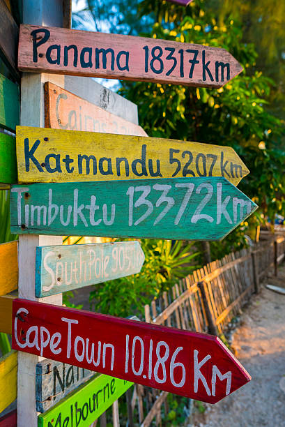 señales direccionales de madera a diferentes destinos famosos - contrasts road sign confusion street fotografías e imágenes de stock