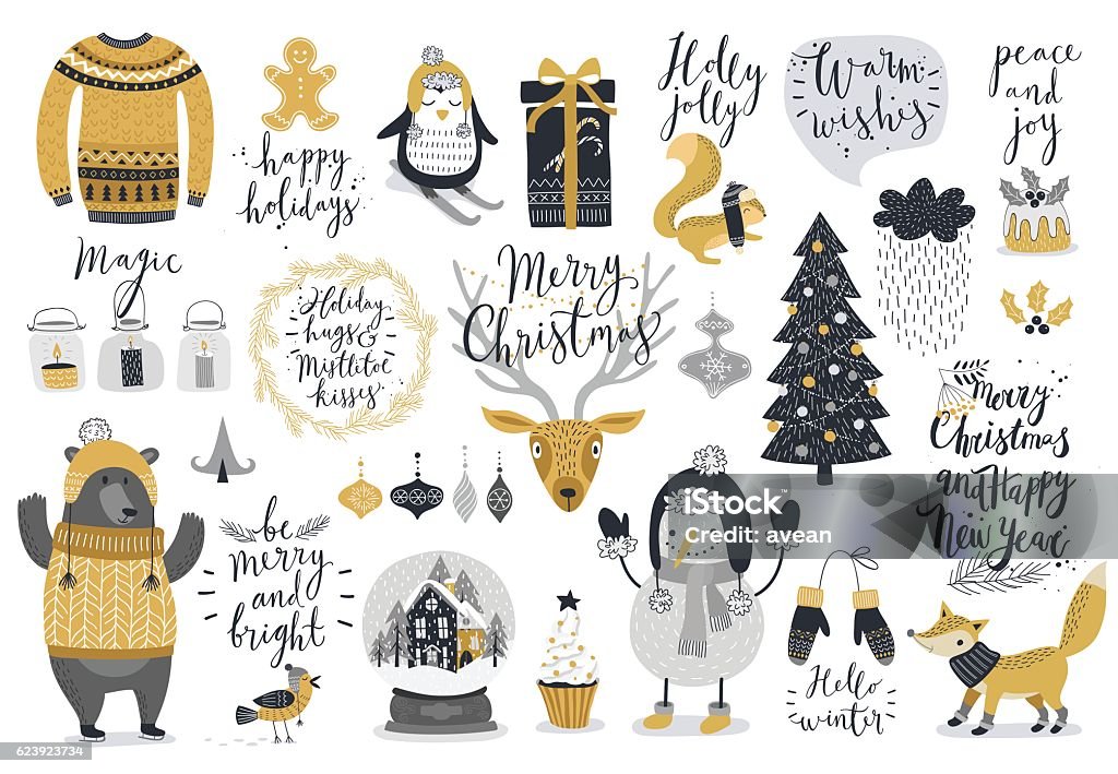 Christmas set, hand drawn style Christmas set, hand drawn style - calligraphy, animals and other elements. Vector illustration. Christmas stock vector