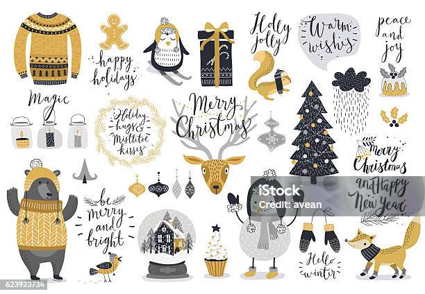 Christmas Set Hand Drawn Style Stock Illustration - Download Image Now - Christmas, Illustration, Winter