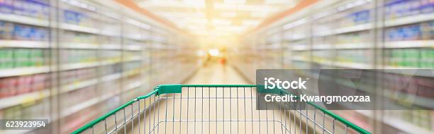 Shopping Cart With Supermarket Aisle Blur Background Stock Photo - Download Image Now