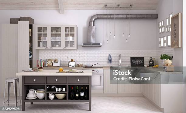 Scandinavian Kitchen Interior Design Stock Photo - Download Image Now - Kitchen, Commercial Kitchen, Indoors