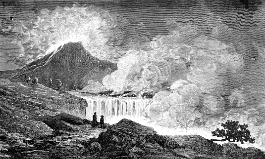 An image of  Mount Etna Erupting on Sicily from an 1895 antique book \