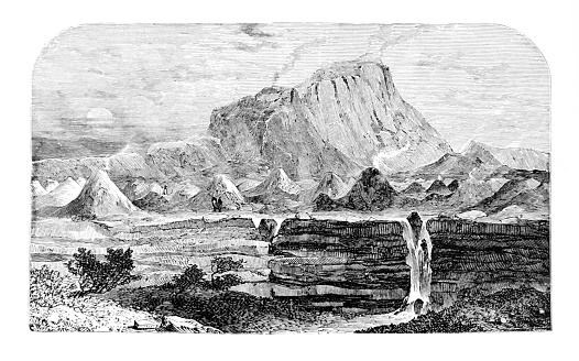 An image of  Mount Etna smoking on Sicily from an 1895 antique book \