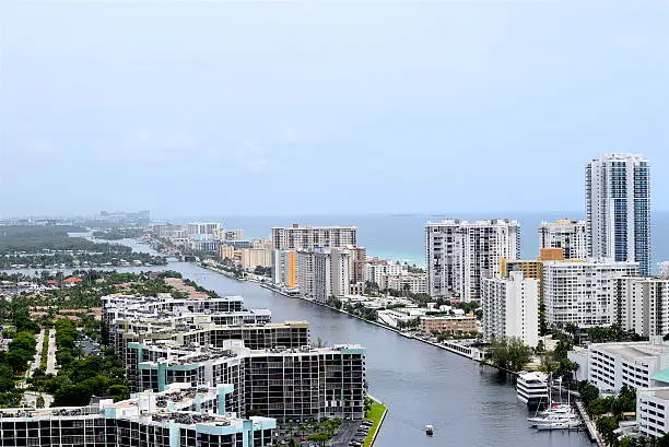 a view of the coastline in Florida from the rooftop showcasing the waterways and buildings