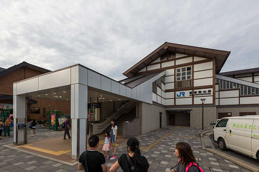 Kyoto, Japan - October 4, 2016: Saga-Arashiyama Station is a railway station on the West Japan Railway Company Sanin Main Line in Ukyo-ku, Kyoto, Japan. The Sagano Scenic Railway starts here.
