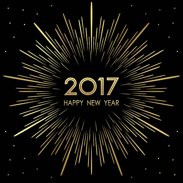 illustrations, cliparts, dessins animés et icônes de bonne année 2017 avec des feux d’artifice dorés sur fond noir - 2017