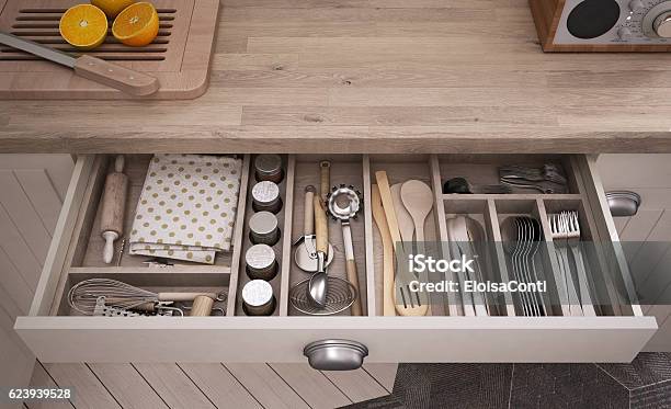 Kitchen Tools In An Open Drawer Stock Photo - Download Image Now - Drawer, Kitchen, Sparse