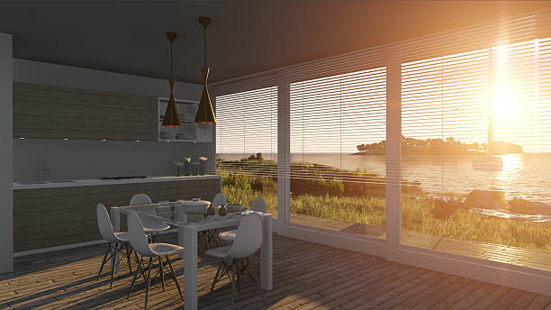 istock Kitchen with glass doors and sea landscape 623941138