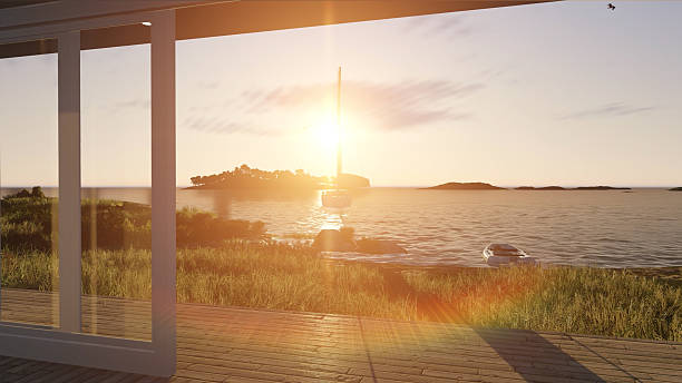 istock Interior with glass doors and sea landscape 623942148