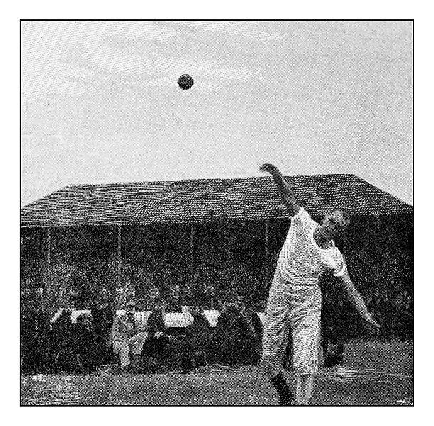 starožitná tečkovaná fotografie koníčků a sportu: shot put - cvičební vybavení fotky stock ilustrace