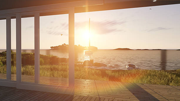 istock Interior with glass doors and sea landscape 623942258