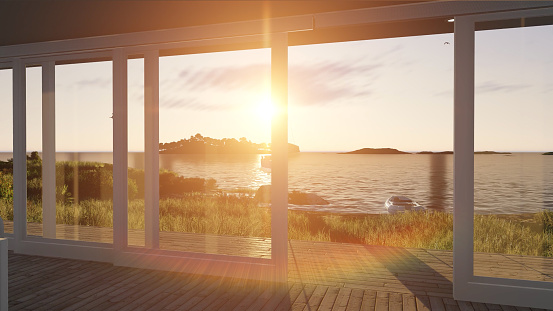 Interior with glass doors and sea landscape