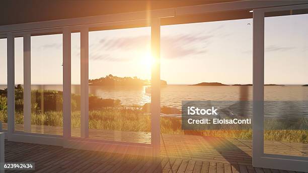 Interior With Glass Doors And Sea Landscape Stock Photo - Download Image Now - Window, Sunlight, Sun