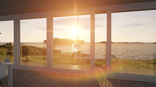 istock Interior with glass doors and sea landscape 623942534