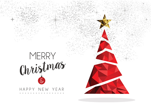 Merry christmas and happy new year red xmas pine tree in low poly style, holiday decoration card design. EPS10 vector.
