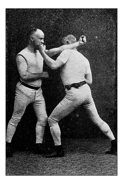 antike punktgedruckte fotografie von hobbys und sport: boxen - kämpfen fotos stock-grafiken, -clipart, -cartoons und -symbole