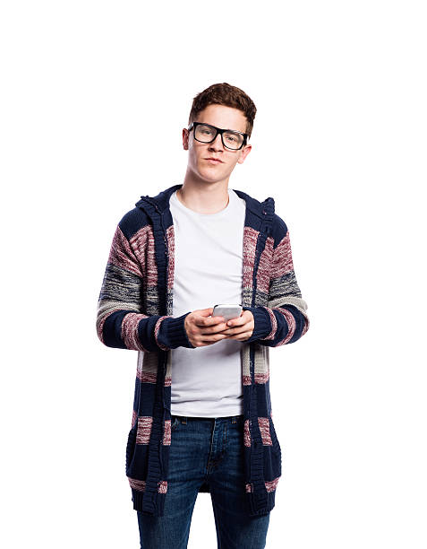 istock Hipster man holding smartphone, talking. Isolated. 623944086