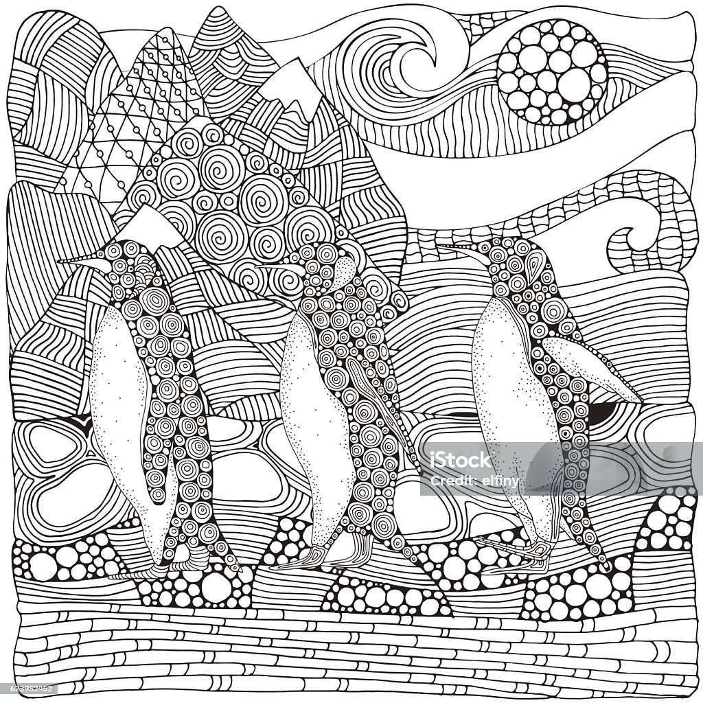 Family of Emperor Penguin on the snow in Antarctica. Family of Emperor Penguin on the snow in Antarctica. Coloring book page for adult and children. Doodle style. Black and white animals. Adult stock vector
