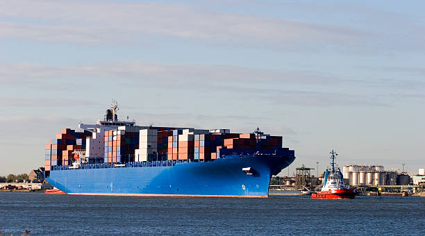 Contêiner azul com contêineres sendo puxados no porto de Roterdã - foto de acervo