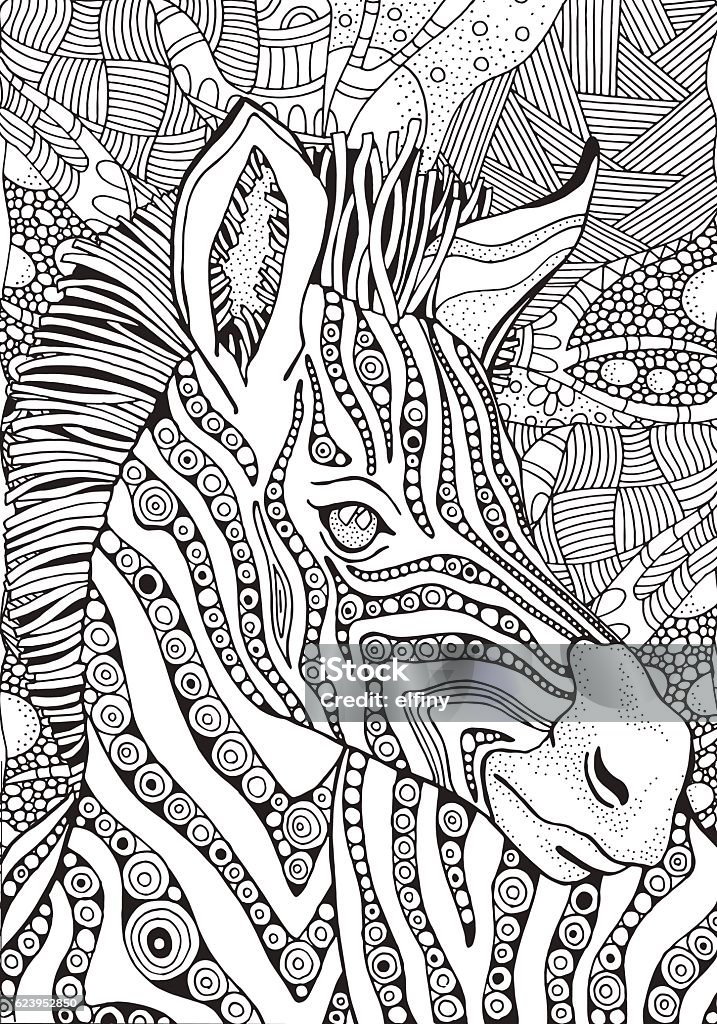 Coloring Book page for Adult and children. Zebra Coloring Book page for Adult and children. Zebra in doodle style. Black and white monochrome background. Doodle hand-drawn. Coloring Book Page - Illlustration Technique stock vector