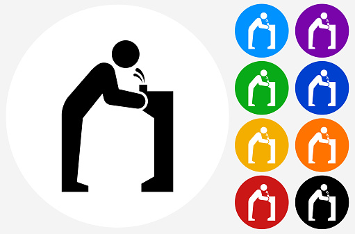 Water Fountain Icon on Flat Color Circle Buttons. This 100% royalty free vector illustration features the main icon pictured in black inside a white circle. The alternative color options in blue, green, yellow, red, purple, indigo, orange and black are on the right of the icon and are arranged in two vertical columns.