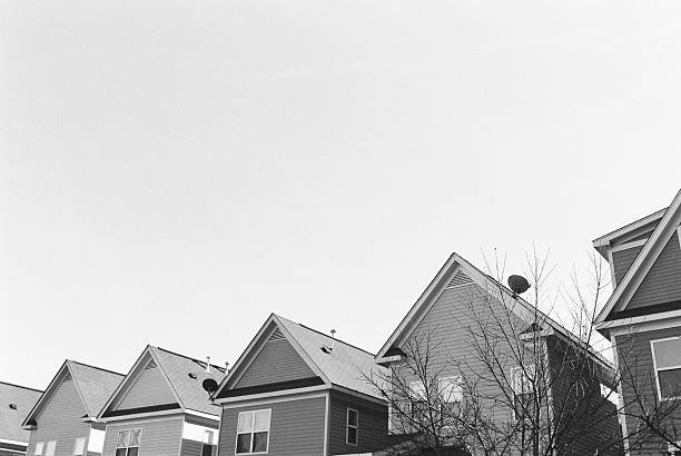 Suburban Neighborhood Rooftops A view down a suburban neighborhood street. monochrome house stock pictures, royalty-free photos & images