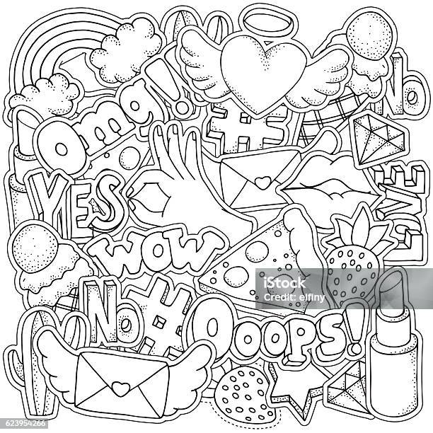 Coloring Book Page For Adult Set Of Fashion Patch Badges Stock Illustration - Download Image Now