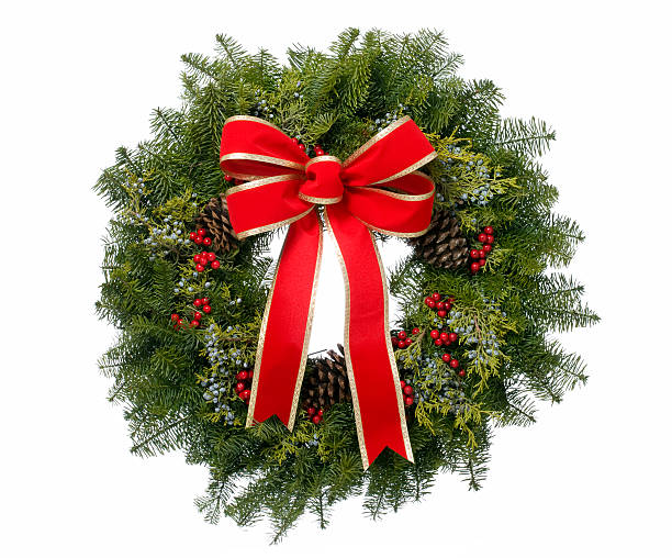 istock Christmas Holiday Wreath with Red Ribbon Isolated on White 623961888