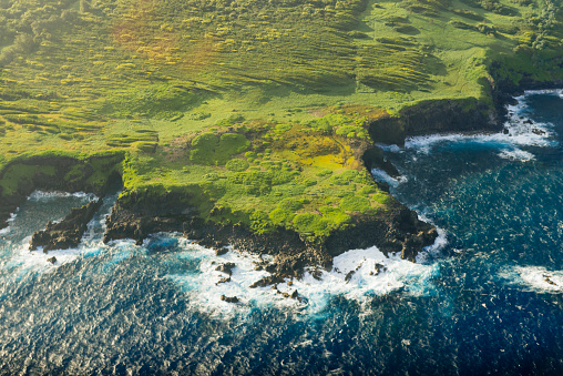 This is a horizontal, color, royalty free stock photograph shot in the Maui Hawaii Island from an aerial view in Hana. Photographed with a Nikon D800 DSLR camera.