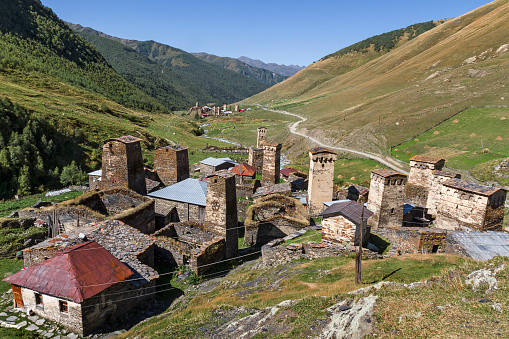 Village with medieval towers in Ushguli, Georgia.