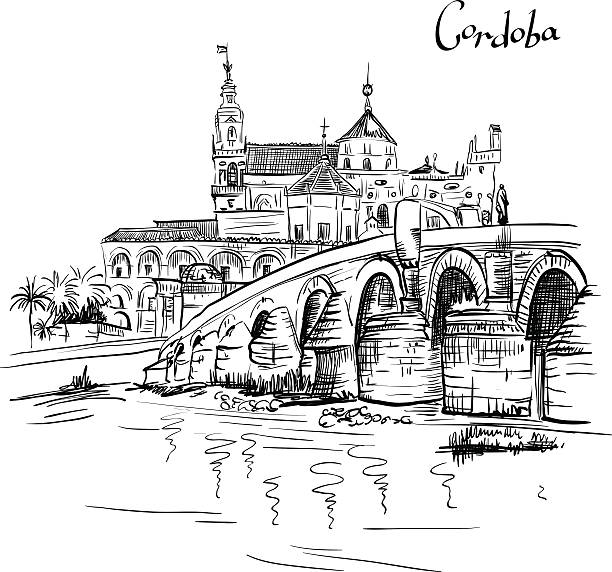 Vector Mezquita and Roman bridge in Cordoba, Spain Vector Great Mosque Mezquita - Catedral de Cordoba and Roman bridge across Guadalquivir river, Cordoba, Andalusia, Spain romano cheese stock illustrations