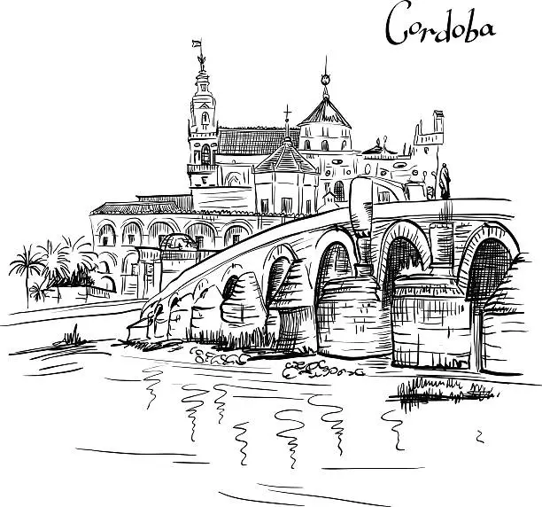 Vector illustration of Vector Mezquita and Roman bridge in Cordoba, Spain