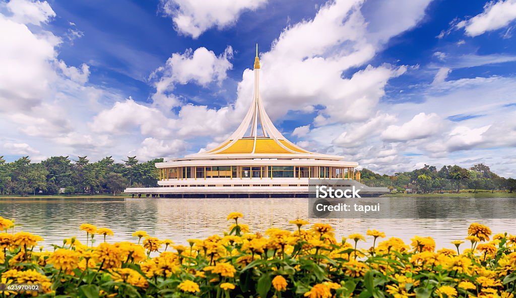 Ratchamangkhala Pavilion of Suan Luang Rama IX Ratchamangkhala Pavilion of Suan Luang Rama IX Public Park Bangkok,Thailand at noon. Back side view of the Pavilion is a fresh water lake. This Place is opened public for exercise or relax. Backgrounds Stock Photo