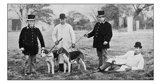 Antique dotprinted photograph of Hobbies and Sports: Men with dogs Antique dotprinted photograph of Hobbies and Sports: Men with dogs hound photos stock illustrations