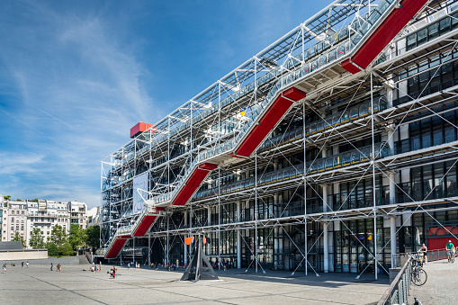 Paris, France - August 13, 2016: The Pompidou Centre in Paris is a complex building in the Beaubourg area of the 4th arrondissement. It houses the Public Information Library and the museum of Modern art.