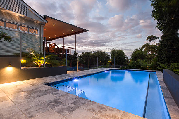 istock House with a pool at evening or in the morning 623982566