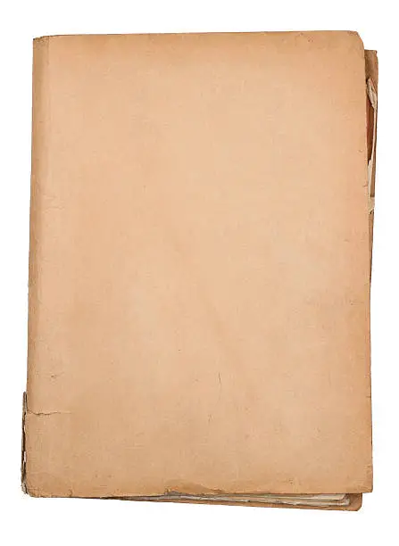 top view of closed brown and worn old paper document holder isolated on white